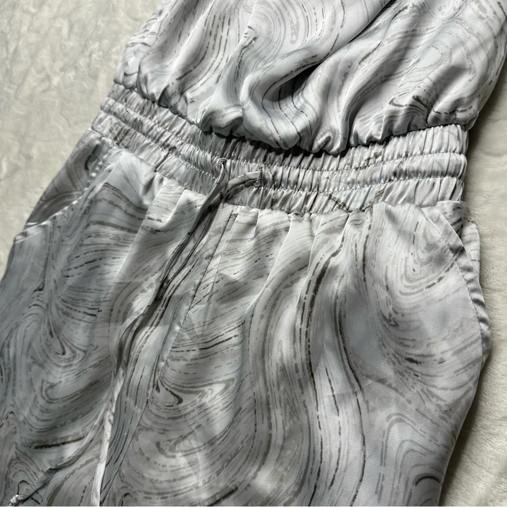 Caramela Marble Print Satin Halter Top Jumpsuit in White and Gray Womens Small